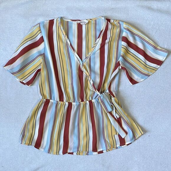 Pink Rose Retro 70s Vibe Faux Wrap Striped Peplum Blouse (Size: Large) - Picture 2 of 12